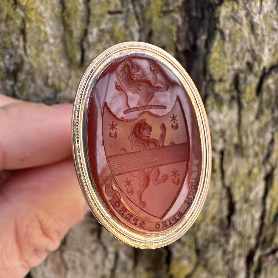 Victorian Era 12-14k Rosy Yellow Gold Carnelian Carved Oval Seal Pendant: Victorian Era 12-14k Rosy Yellow Gold Carnelian Carved Oval Seal Pendant This antique Victorian fob pendant features a large, oval-cut natural carnelian stone in a deep orange hue, intricately carved 