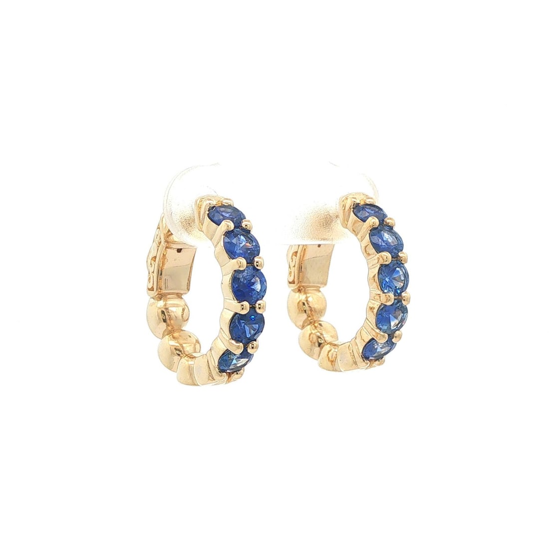 14k Yellow Gold Sapphire Hoop Earrings 2.2ctw Latch Back: 14k Yellow Gold Sapphire Hoop Earrings 2.2ctw Latch Back These un-used hoop earrings are crafted from solid 14k yellow gold and feature ten round brilliant-cut natural blue sapphires with a total cara