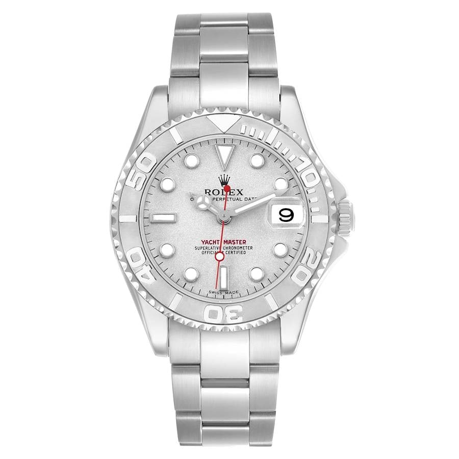 Rolex Yacht-Master Midsize Platinum Dial Watch Ref 168622 with Papers 1999: Rolex Yacht-Master Midsize Platinum Dial Watch Ref 168622 with Papers 1999 This Rolex Yacht-Master Midsize watch features a platinum dial and a rotating bezel, designed specifically for ladies. It is 