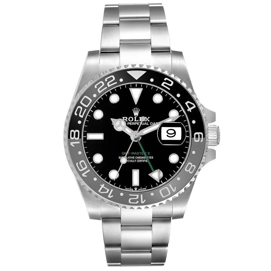 Rolex GMT-Master II BruceWayne Oyster Bracelet Black Dial Ref 126710GRNR: Rolex GMT-Master II BruceWayne Oyster Bracelet Black Dial Ref 126710GRNR This Rolex GMT-Master II BruceWayne features a black dial, a rotating ceramic bezel, and is presented on an Oyster bracelet. Th