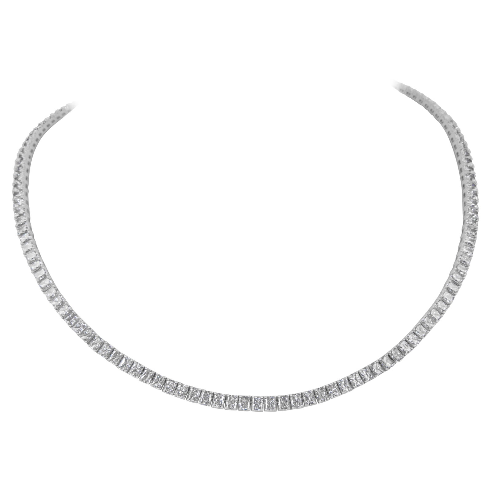19.79ct Radiant Diamond Tennis Necklace 18k White Gold: 19.79ct Radiant Diamond Tennis Necklace 18k White Gold This stunning 19.79ct Radiant Diamond Tennis Necklace showcases the exquisite craftsmanship of high jewelry. Set in luxurious 18k white gold, it 