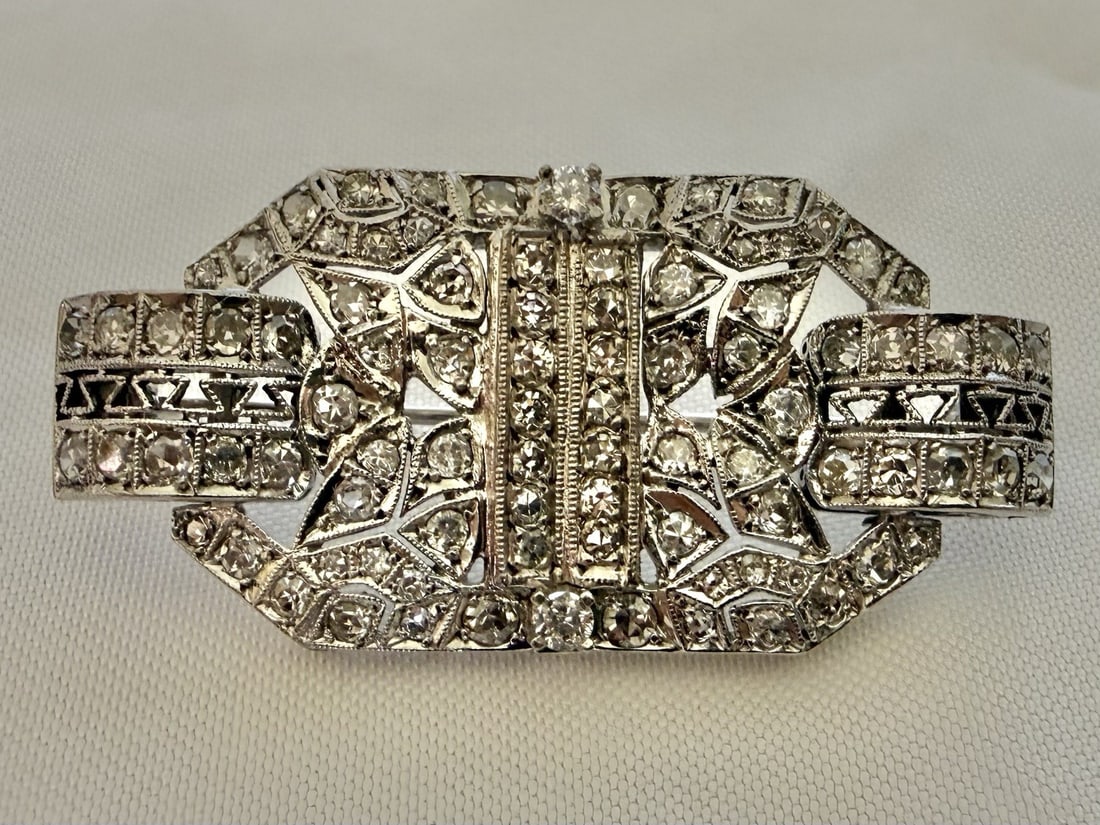 Tiffany & Co. Platinum and Diamond Art Deco Brooch with 14k Gold Removable Frame: Tiffany & Co. Platinum and Diamond Art Deco Brooch with 14k Gold Removable Frame This French Art Deco brooch by Tiffany & Co. features platinum set with diamonds and is complemented by a recent 14k go