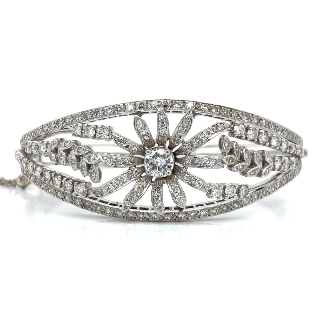 14K White Gold Diamond Bangle Bracelet Art Deco 6.40 Carat Total: 14K White Gold Diamond Bangle Bracelet Art Deco 6.40 Carat Total This Art Deco bangle bracelet is crafted from 14K white gold and set with a total diamond weight of approximately 6.40 carats. It featu