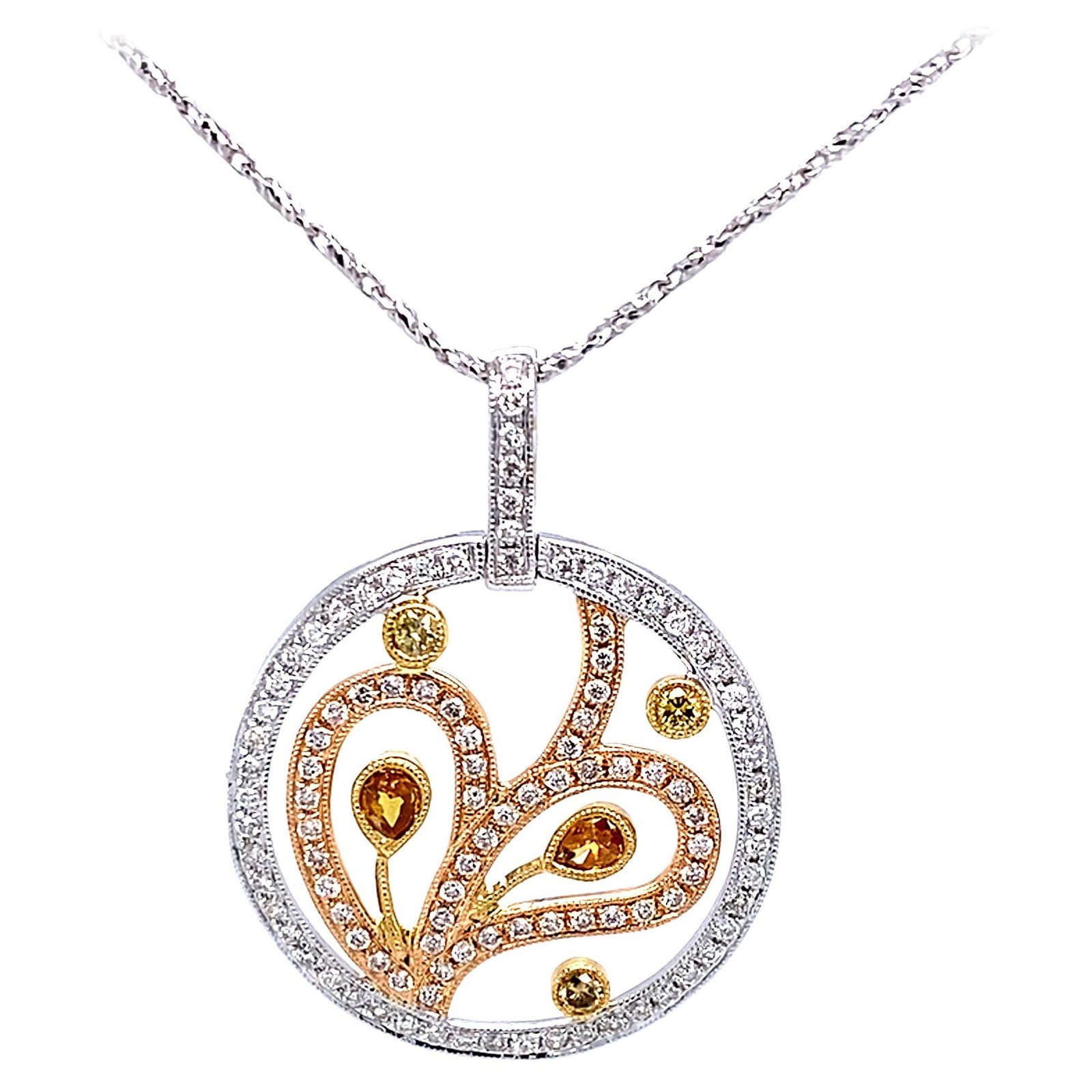 1.01ct Yellowish Diamond Pendant Necklace in 18k Gold: 1.01ct Yellowish Diamond Pendant Necklace in 18k Gold This stunning pendant necklace features a unique multi-shaped natural yellowish diamond with a total weight of 1.01 ct, complemented by 104 round 