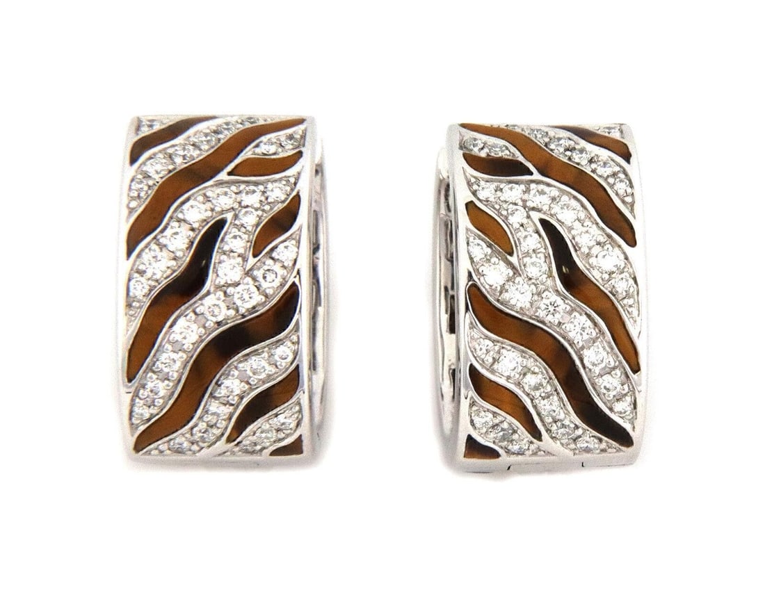 Roberto Coin 18k White Gold Reversible Huggie Hoop Earrings Tiger's Eye Diamond: Roberto Coin 18k White Gold Reversible Huggie Hoop Earrings Tiger's Eye Diamond Reversible huggie hoop earrings crafted in 18k white gold with tiger's eye inlay and diamond accents. The design offers 