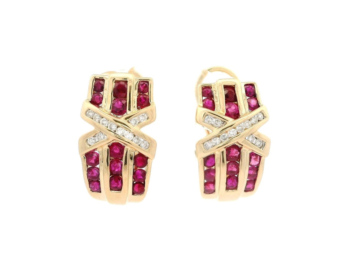 14k Yellow Gold Ruby Diamond Cuff Clip On Omega Earrings: 14k Yellow Gold Ruby Diamond Cuff Clip On Omega Earrings Elevate your elegance with these stunning 14k Yellow Gold Vivid Ruby & Diamond X Design Cuff Omega Clip On Earrings. Each earring features a dy
