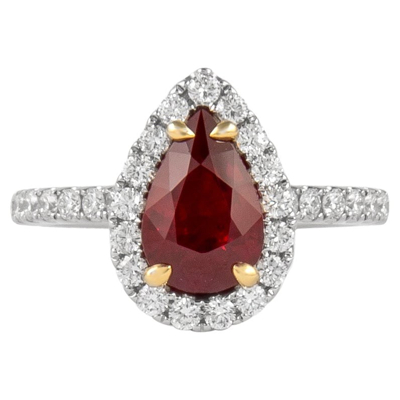 GIA 2.08 Carat Burmese Ruby Diamond Halo Ring 18k White Gold: GIA 2.08 Carat Burmese Ruby Diamond Halo Ring 18k White Gold This stunning ring features a GIA certified 2.08 carat pear-shaped Burmese ruby, beautifully complemented by a halo of 41 round brilliant d