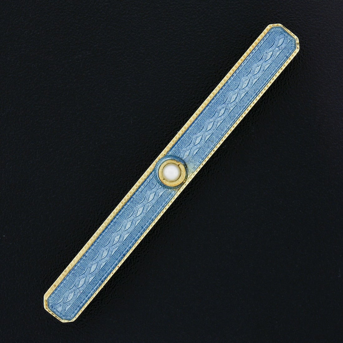 Antique Art Nouveau 14k Gold Blue Enamel Seed Pearl Bar Pin Brooch: Antique Art Nouveau 14k Gold Blue Enamel Seed Pearl Bar Pin Brooch This exquisite antique Art Nouveau bar pin brooch, crafted from solid 14k yellow gold, showcases a stunning 2.3mm round cultured seed