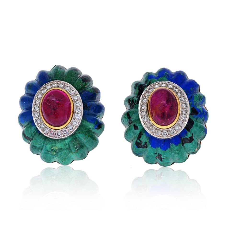 David Webb 18K Gold Azurite-Malachite Ruby Diamond Clip-On Earrings (1 of 3)