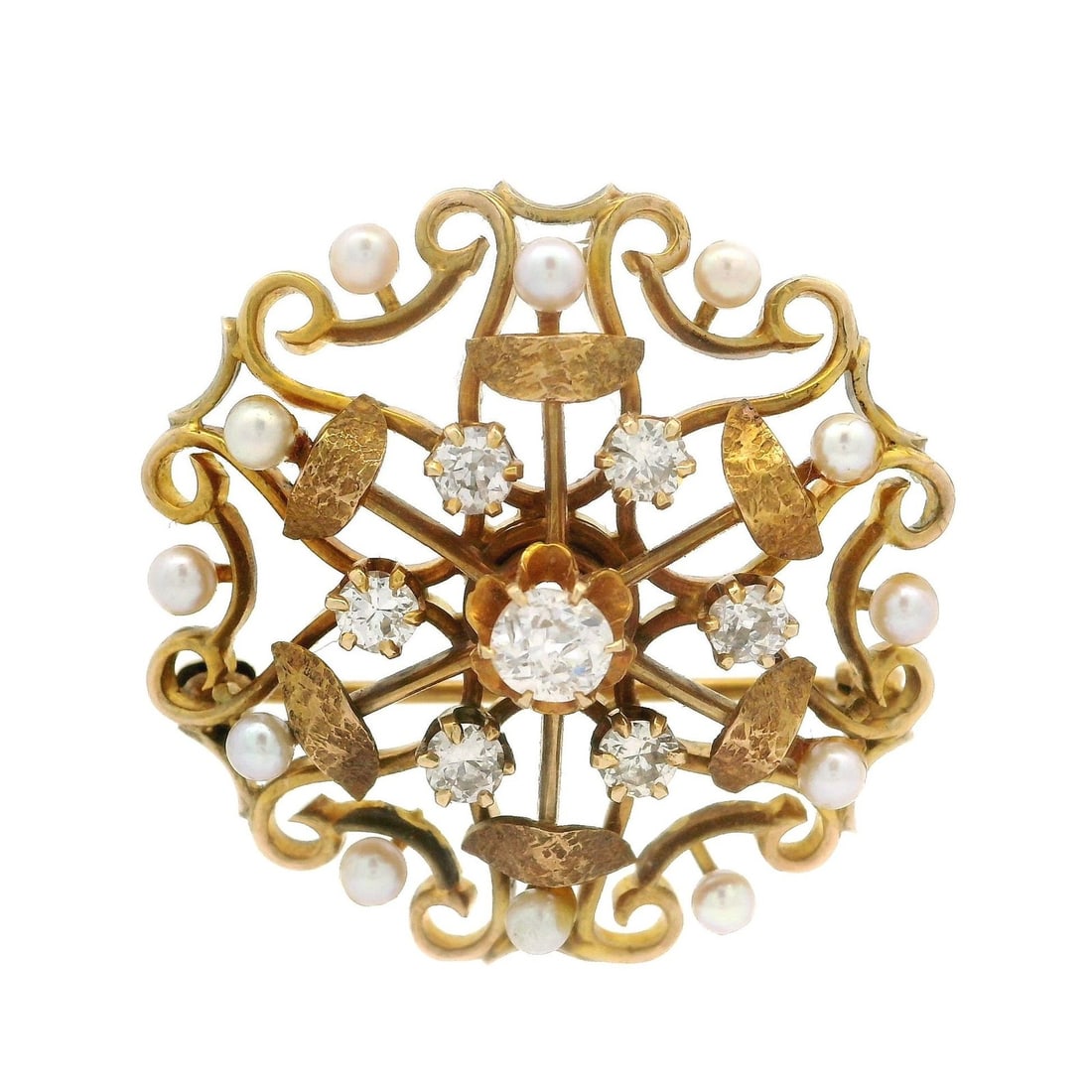 Antique Yellow Gold Diamond Pearl Round Brooch Pendant 1.0ct Vintage: Antique Yellow Gold Diamond Pearl Round Brooch Pendant 1.0ct Vintage This exquisite antique pendant showcases a stunning combination of old diamonds and cultured pearls set in a beautifully textured y