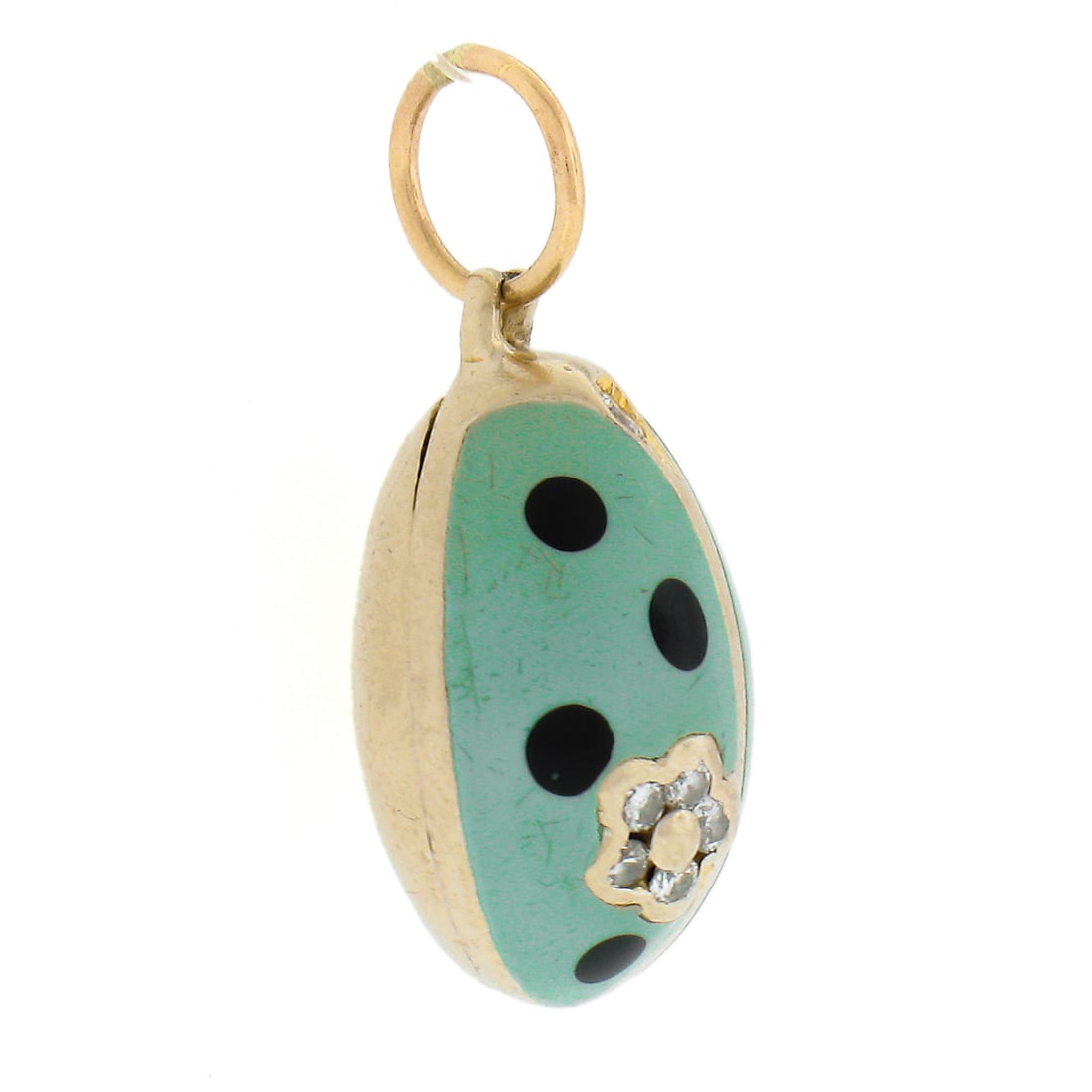 Aaron Basha 18K Gold Diamond Green Black Enamel Ladybug Charm Pendant: Aaron Basha 18K Gold Diamond Green Black Enamel Ladybug Charm Pendant This stunning charm pendant features a puffed ladybug design crafted in 18K solid yellow gold. Adorned with six round brilliant cu