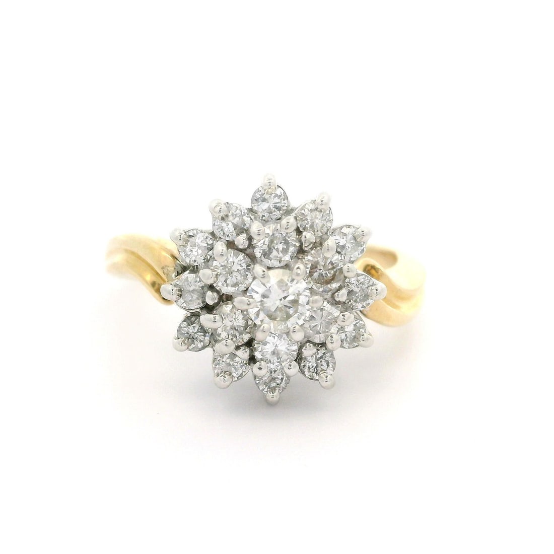 14k Yellow White Gold 0.80ctw Diamond Cluster Cocktail Ring: 14k Yellow White Gold 0.80ctw Diamond Cluster Cocktail Ring This stunning classic cluster ring features a dazzling arrangement of 19 round brilliant cut natural diamonds, each prong set to maximize th