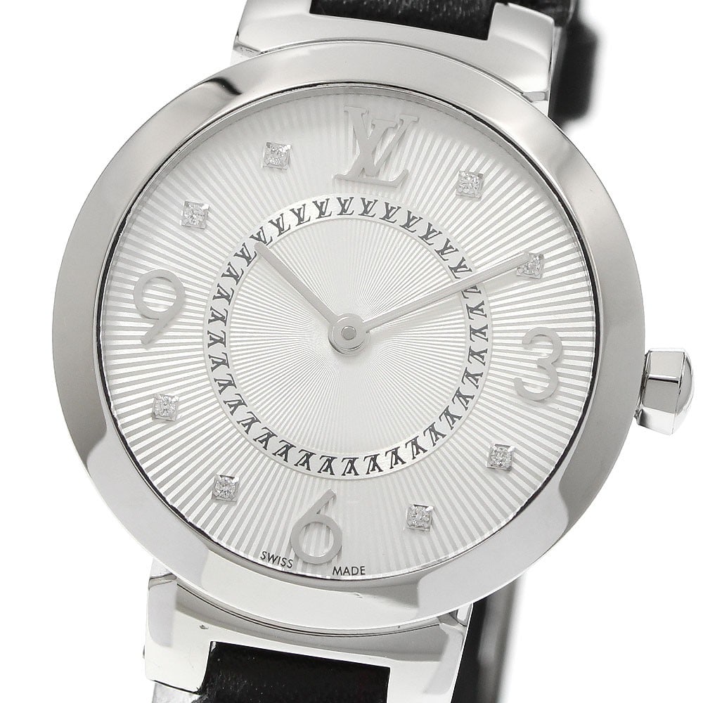 Louis Vuitton Tambour Slim Quartz Diamond Ladies Watch Q12MG: Louis Vuitton Tambour Slim Quartz Diamond Ladies Watch Q12MG This Louis Vuitton Tambour Slim Q12MG women's wristwatch features a stainless steel case set with 8 diamonds and a silver dial. The watch i