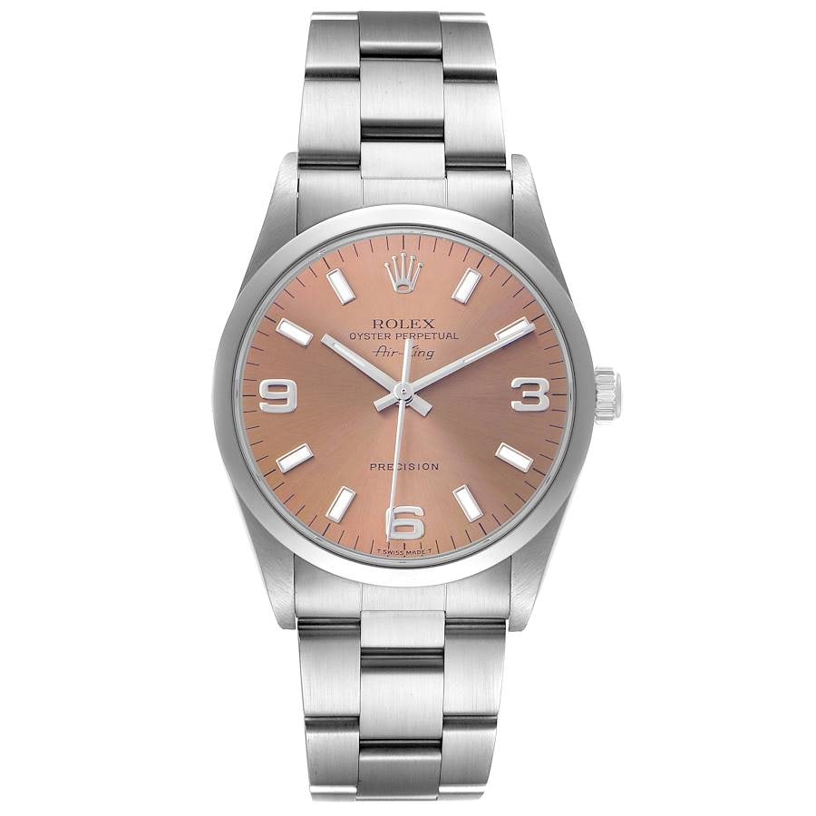 Pink Dial Rolex Air-King Oyster Bracelet Reference 14000 Unisex Watch: Pink Dial Rolex Air-King Oyster Bracelet Reference 14000 Unisex Watch This Rolex Air-King features a pink dial and is presented on an Oyster bracelet. The watch has a smooth bezel and is designed for 