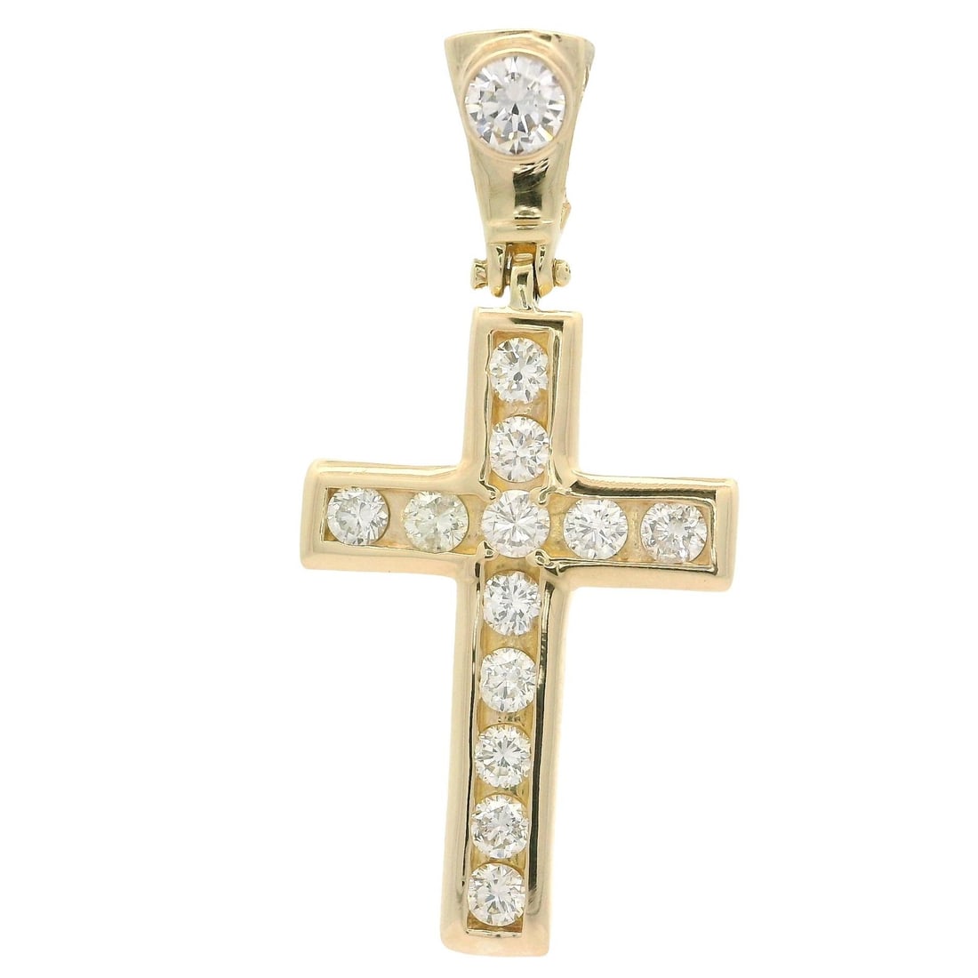 Diamond Cross Pendant in 14k Yellow Gold with Channel Setting 1.0ctw: Diamond Cross Pendant in 14k Yellow Gold with Channel Setting 1.0ctw This classic cross charm pendant is crafted from solid 14k yellow gold and features thirteen natural, round brilliant cut diamonds 