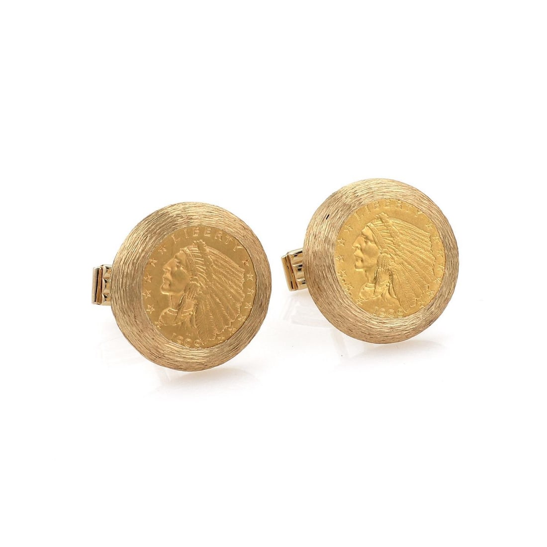 Elegant 14k Yellow Gold Cufflinks with US Indian Head 22k Gold Coins: Elegant 14k Yellow Gold Cufflinks with US Indian Head 22k Gold Coins Elevate your accessory collection with this elegant pair of cufflinks, expertly crafted from 14k yellow gold. The cufflinks feature