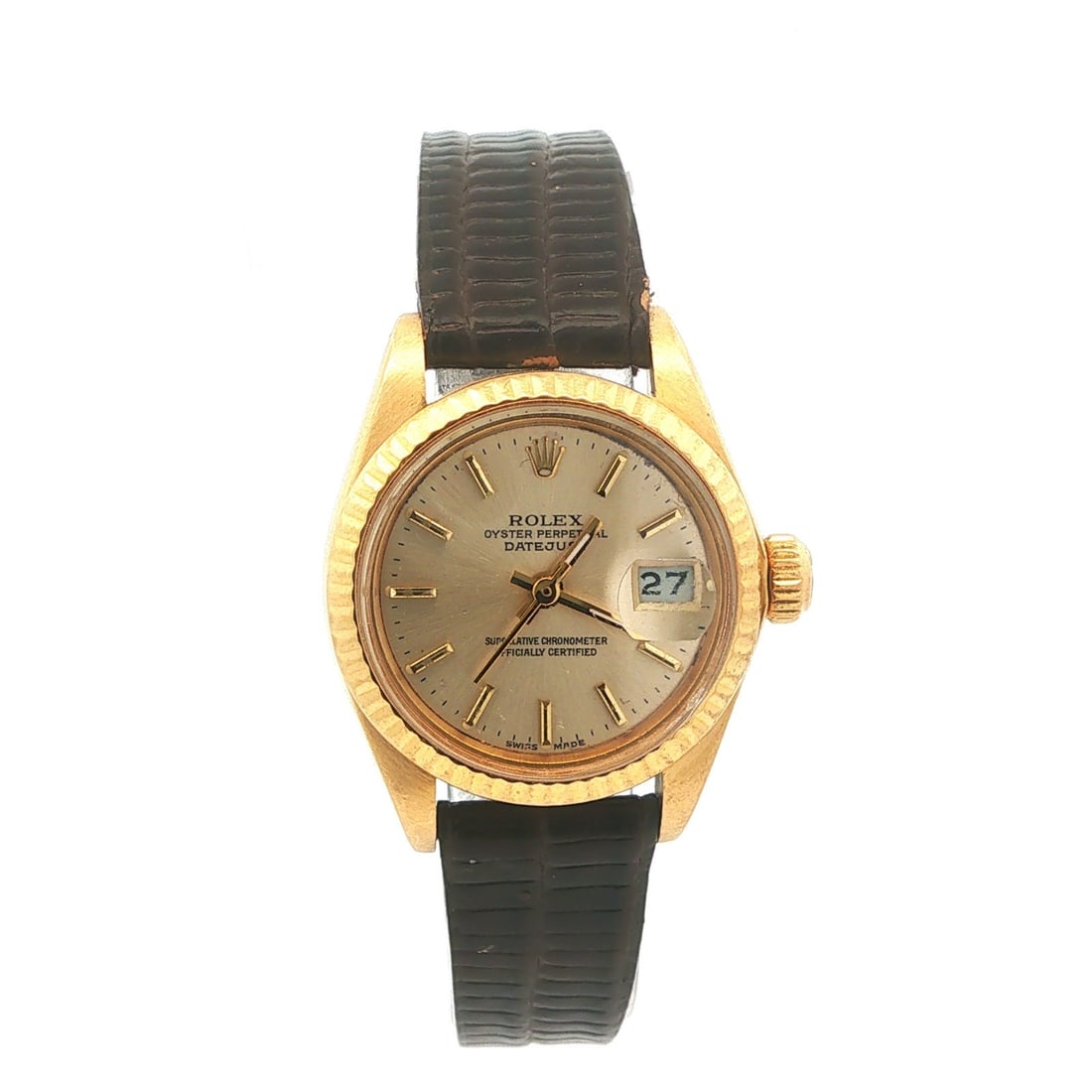Rolex Datejust 26mm 18k Gold Ladies Automatic Watch Leather Strap: Rolex Datejust 26mm 18k Gold Ladies Automatic Watch Leather Strap This is a vintage 1981 ladies Rolex Datejust wristwatch, reference 6917, featuring a 26mm round case crafted from 18k yellow gold. The