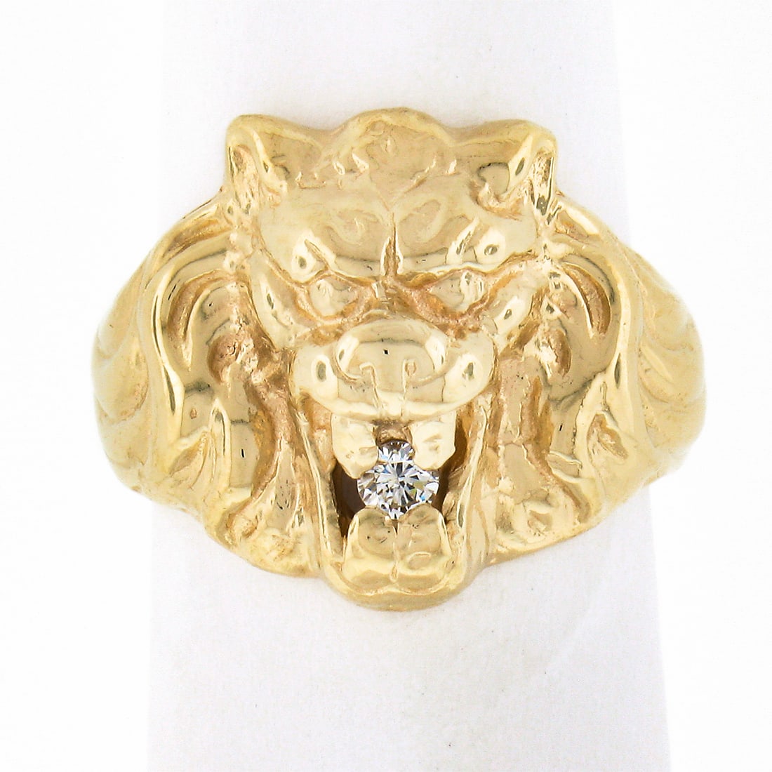Unisex 14k Yellow Gold 0.04ct Pave Diamond Lion Head Statement Ring: Unisex 14k Yellow Gold 0.04ct Pave Diamond Lion Head Statement Ring This striking unisex ring is crafted from solid 14k yellow gold, showcasing a beautifully detailed 3D lion's head design. A brillian
