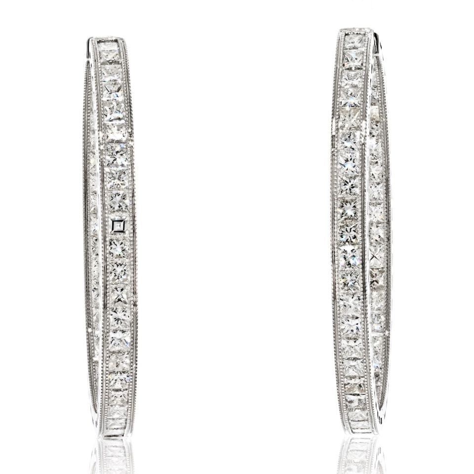 18K White Gold 10.71ct Princess Cut Diamond Hoop Earrings: 18K White Gold 10.71ct Princess Cut Diamond Hoop Earrings Experience the epitome of luxury with these 18K White Gold Inside Out Princess Cut Diamond Hoop Earrings. Boasting a remarkable total diamond 