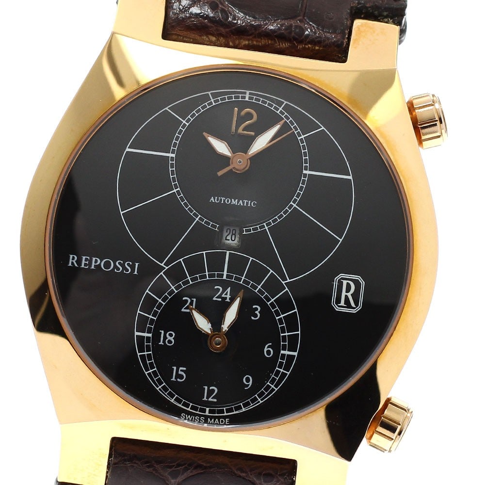 REPOSSI R8 Automatic Men's Wristwatch Black Dial 40mm: REPOSSI R8 Automatic Men's Wristwatch Black Dial 40mm This REPOSSI R8 Contemporary Series Automatic Men's Watch features a stainless steel and gold-plated case paired with a black leather strap. The b