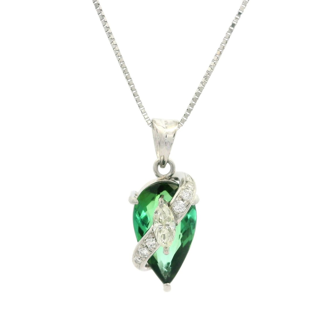 Platinum Teardrop Pendant with Green Tourmaline and Diamonds: Platinum Teardrop Pendant with Green Tourmaline and Diamonds This exquisite pendant features a stunning teardrop pear-shaped natural green tourmaline, measuring approximately 13.98 x 8.65 mm and weigh