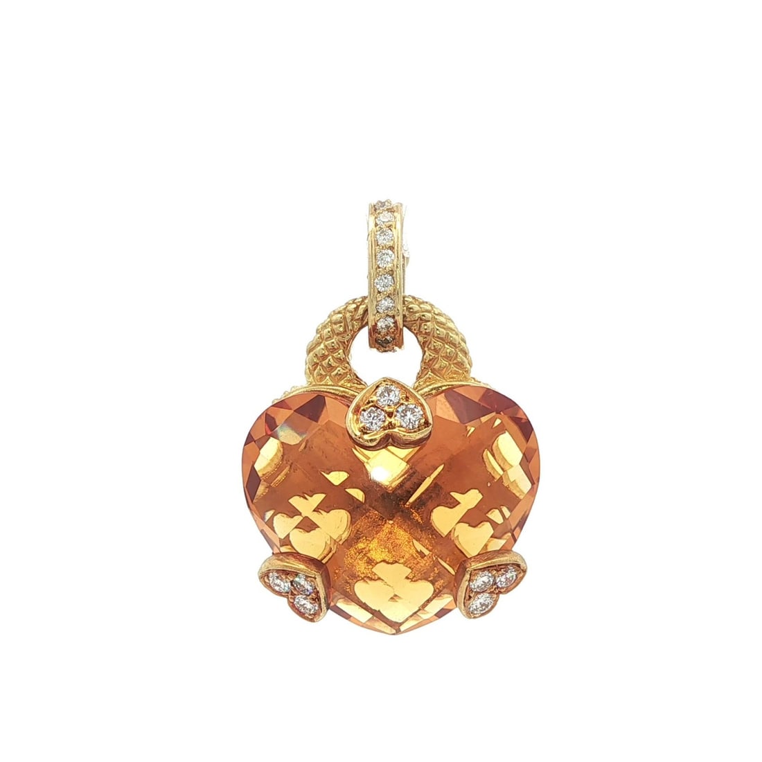 Judith Ripka 18k Gold Heart Citrine Pendant with Diamond Enhancer: Judith Ripka 18k Gold Heart Citrine Pendant with Diamond Enhancer This stunning pendant from Judith Ripka showcases a heart-shaped checkerboard cut citrine, exuding a rich yellowish-orange hue. The pe