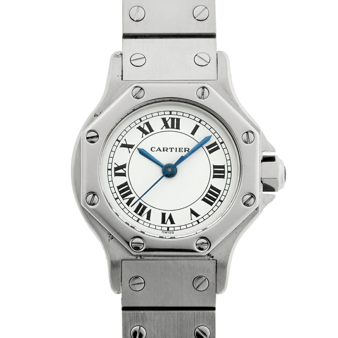 Cartier Santos Octagon Women Automatic White Dial Steel Watch: Cartier Santos Octagon Women Automatic White Dial Steel Watch This vintage Cartier Santos Octagon SM wristwatch features a classic white dial and a stainless steel case. Designed for women, this autom