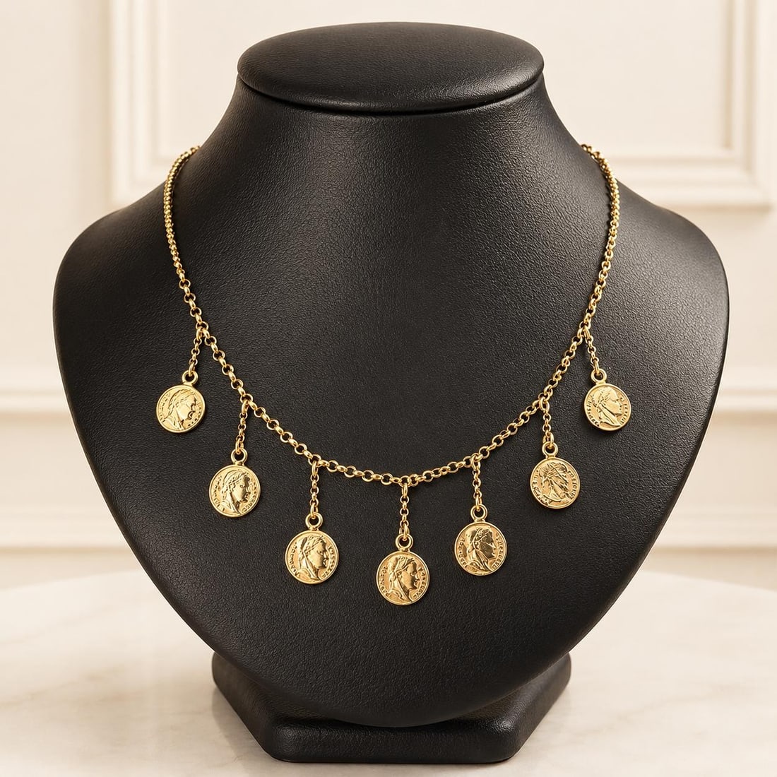 Unbranded 14k Yellow Gold Rolo Bead Link Necklace with Coin Dangles 17": Unbranded 14k Yellow Gold Rolo Bead Link Necklace with Coin Dangles 17" Pre-owned 14k solid yellow gold chain necklace featuring a rolo and bead cable link design with dangle coin accents. This women'