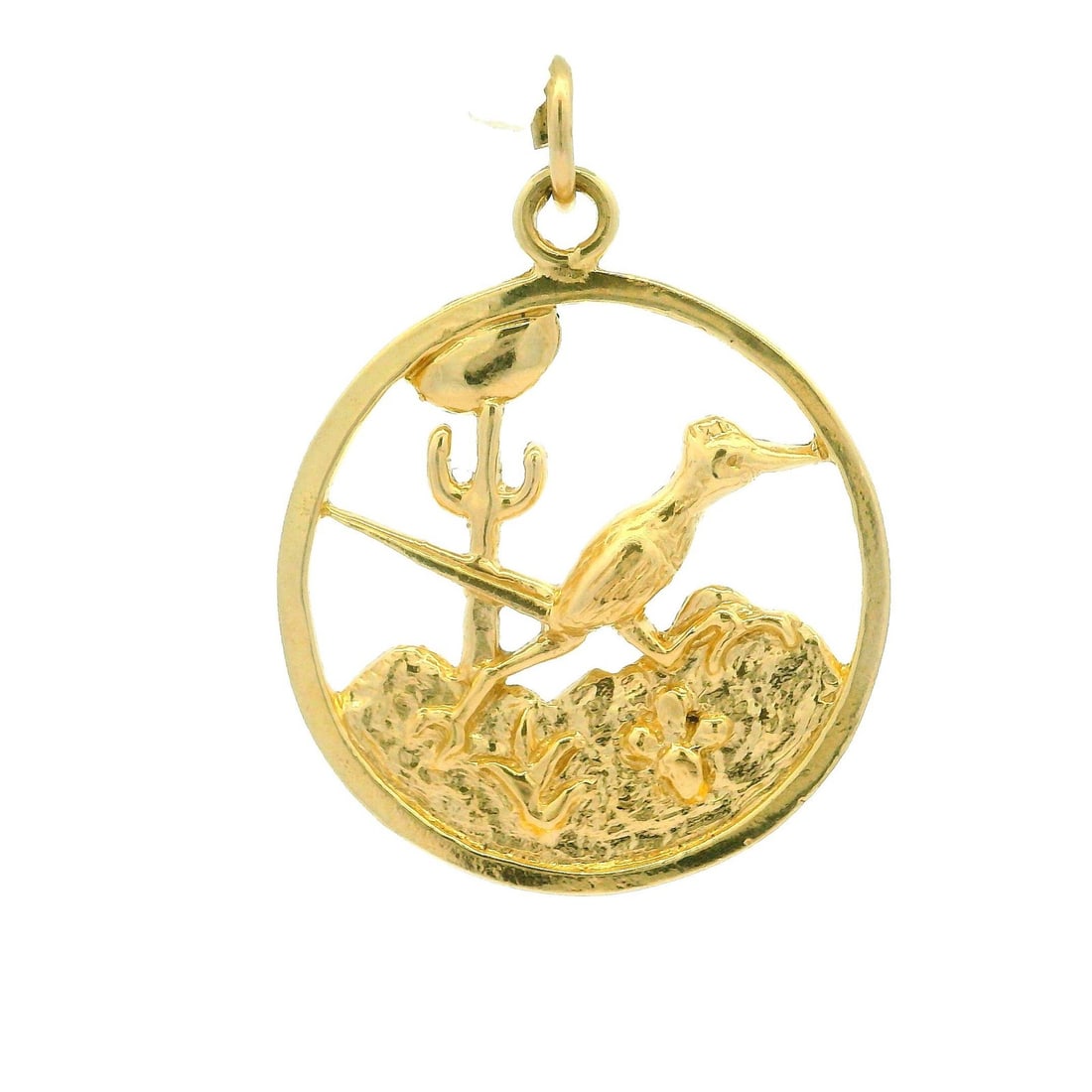 14k Yellow Gold Roadrunner Desert Medallion Pendant: 14k Yellow Gold Roadrunner Desert Medallion Pendant This exquisite pendant features a detailed roadrunner in a desert scene, crafted from solid 14k yellow gold. The medallion design showcases intricat