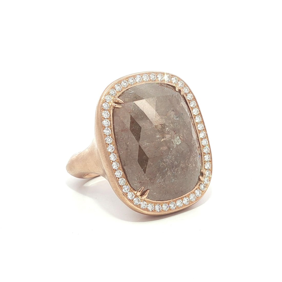 18k Rose Gold GIA 20.34ct Fancy Color Diamond Ring: 18k Rose Gold GIA 20.34ct Fancy Color Diamond Ring This exquisite 18k Rose Gold ring features a stunning 19.86ct natural cushion checkerboard faceted diamond in a captivating orangy brown color, elega