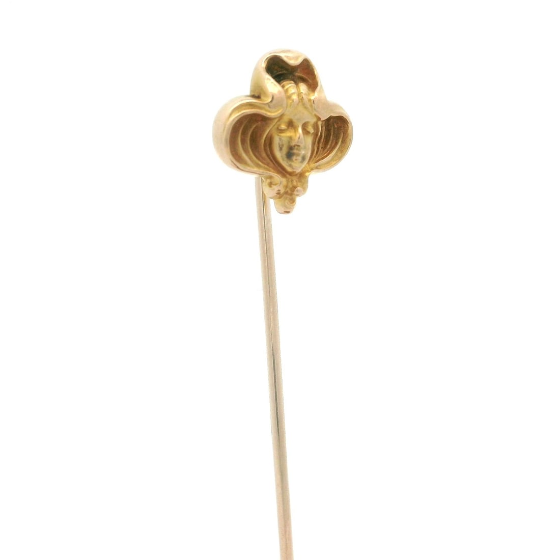 Antique Art Nouveau 12k Gold Lady Portrait Repousse Stick Pin: Antique Art Nouveau 12k Gold Lady Portrait Repousse Stick Pin This exquisite antique Art Nouveau stick pin features a stunning lady portrait crafted using a repousse technique. Made from solid 12k yel