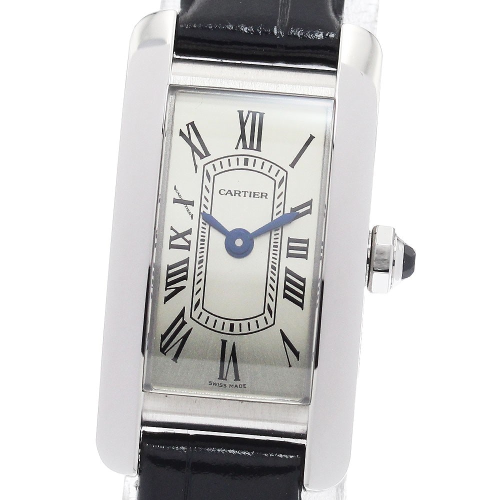 Cartier Tank Americaine Mini Quartz Ladies Wristwatch Silver SS Leather: Cartier Tank Americaine Mini Quartz Ladies Wristwatch Silver SS Leather This Cartier Tank Americaine Mini WSTA0081 is a sophisticated women's wristwatch featuring a silver-tone stainless steel case an