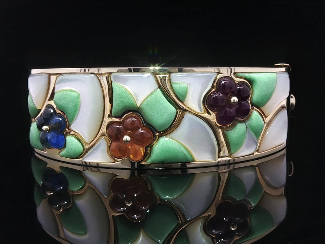 Asch Grossbardt 14k Gold Mother Of Pearl Turquoise Inlaid Wide Bangle: Asch Grossbardt 14k Gold Mother Of Pearl Turquoise Inlaid Wide Bangle This exquisite wide bangle bracelet features a stunning inlaid design of natural genuine Mother of Pearl, turquoise, and various c