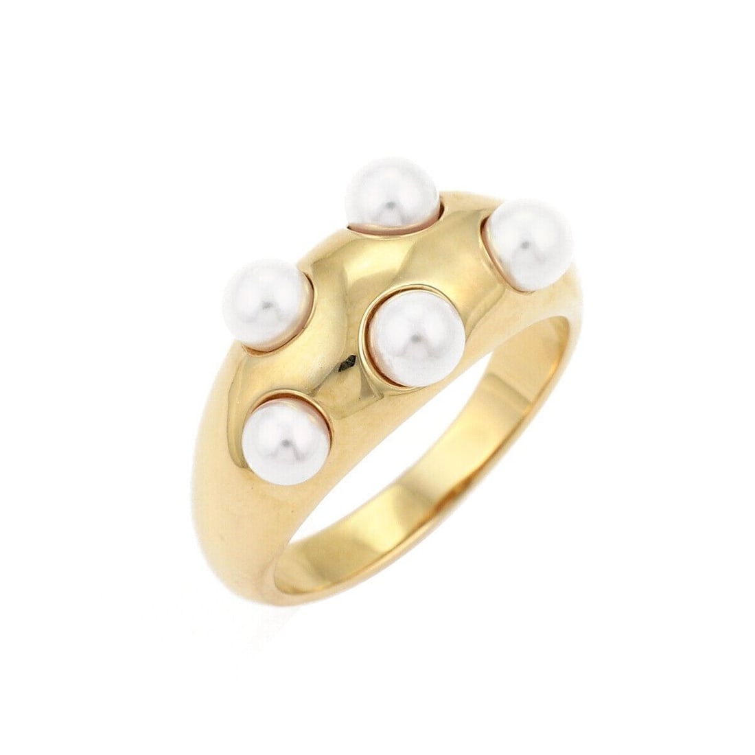 Mikimoto Akoya Pearl Dome Ring 18k Yellow Gold Size 7.5: Mikimoto Akoya Pearl Dome Ring 18k Yellow Gold Size 7.5 This Mikimoto Akoya Pearl Dome Band Ring is crafted in 18k yellow gold and features five Akoya pearls, approximately 4 mm each, arranged in an e