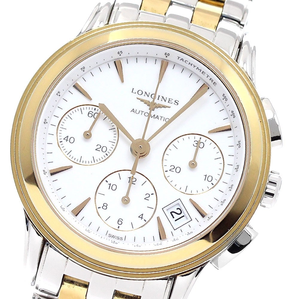 Longines Flagship Automatic Chronograph Date Men's Wristwatch: Longines Flagship Automatic Chronograph Date Men's Wristwatch This Longines Flagship L4.803.3 men's wristwatch features a stainless steel and gold-plated case and bracelet, complemented by a white dia