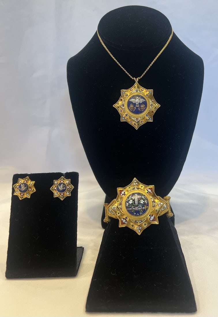 1861 Victorian 18k Gold Micromosaic Necklace Bracelet Earrings Set: 1861 Victorian 18k Gold Micromosaic Necklace Bracelet Earrings Set This exceptional Victorian jewelry set from 1861 features a necklace, bracelet, and a pair of earrings crafted from 18k gold, micromo