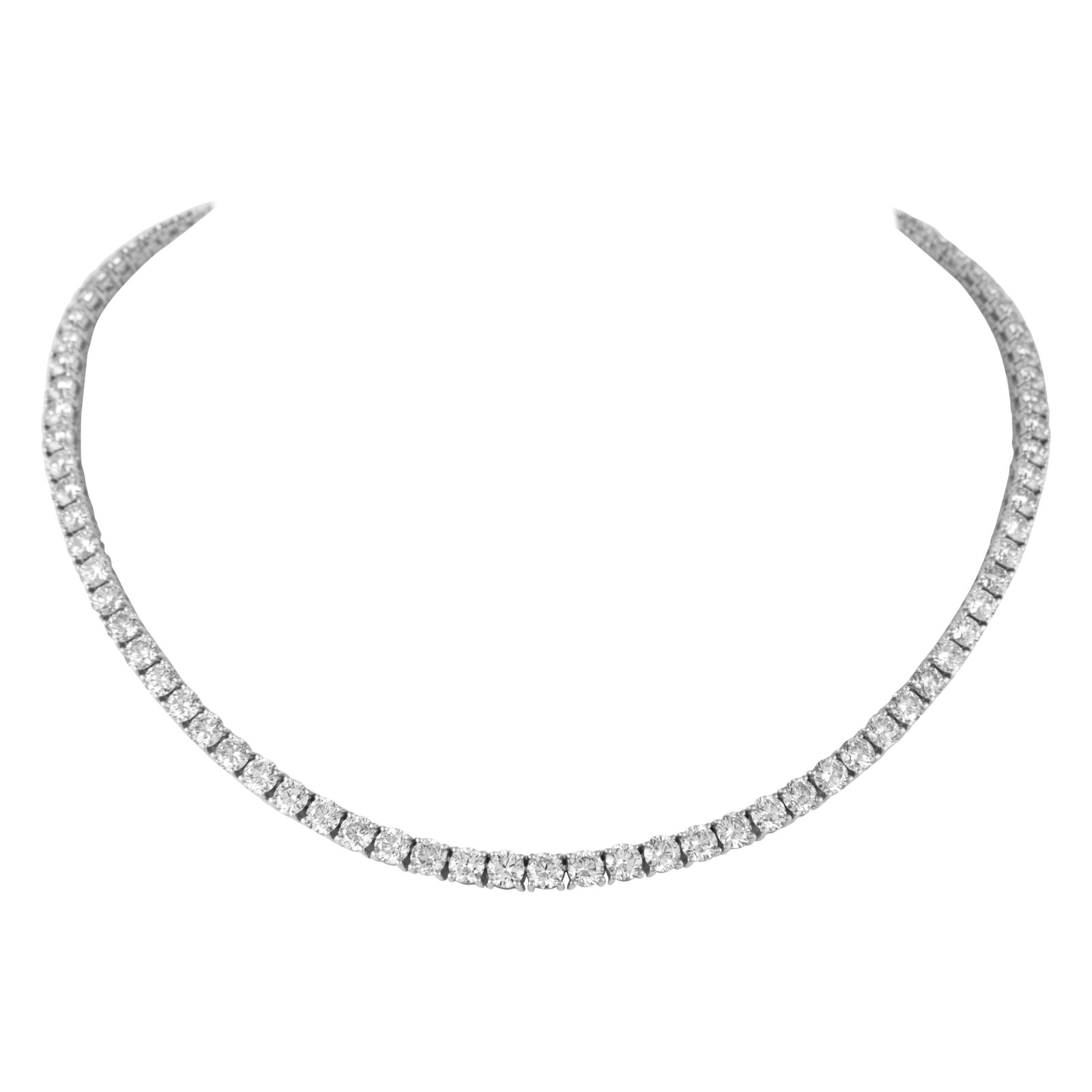 23.63ct Diamond Tennis Necklace 18k White Gold: 23.63ct Diamond Tennis Necklace 18k White Gold This stunning diamond tennis necklace features a remarkable total weight of 23.63 carats, showcasing 92 round brilliant diamonds. Crafted from 18k white 