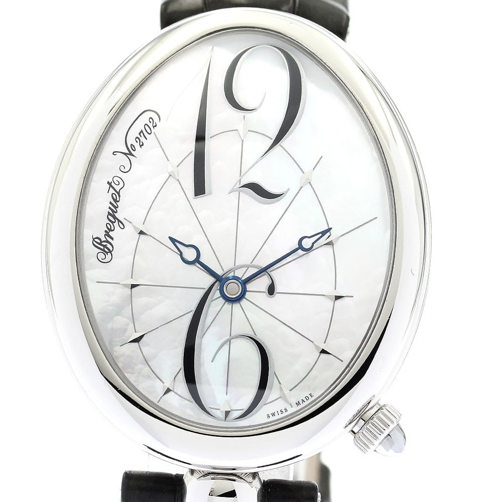 Breguet Queen of Naples 8967 Automatic Date Watch: Breguet Queen of Naples 8967 Automatic Date Watch This Breguet Queen of Naples women's wristwatch features a stainless steel case paired with a white mother-of-pearl dial and a leather strap. The watc