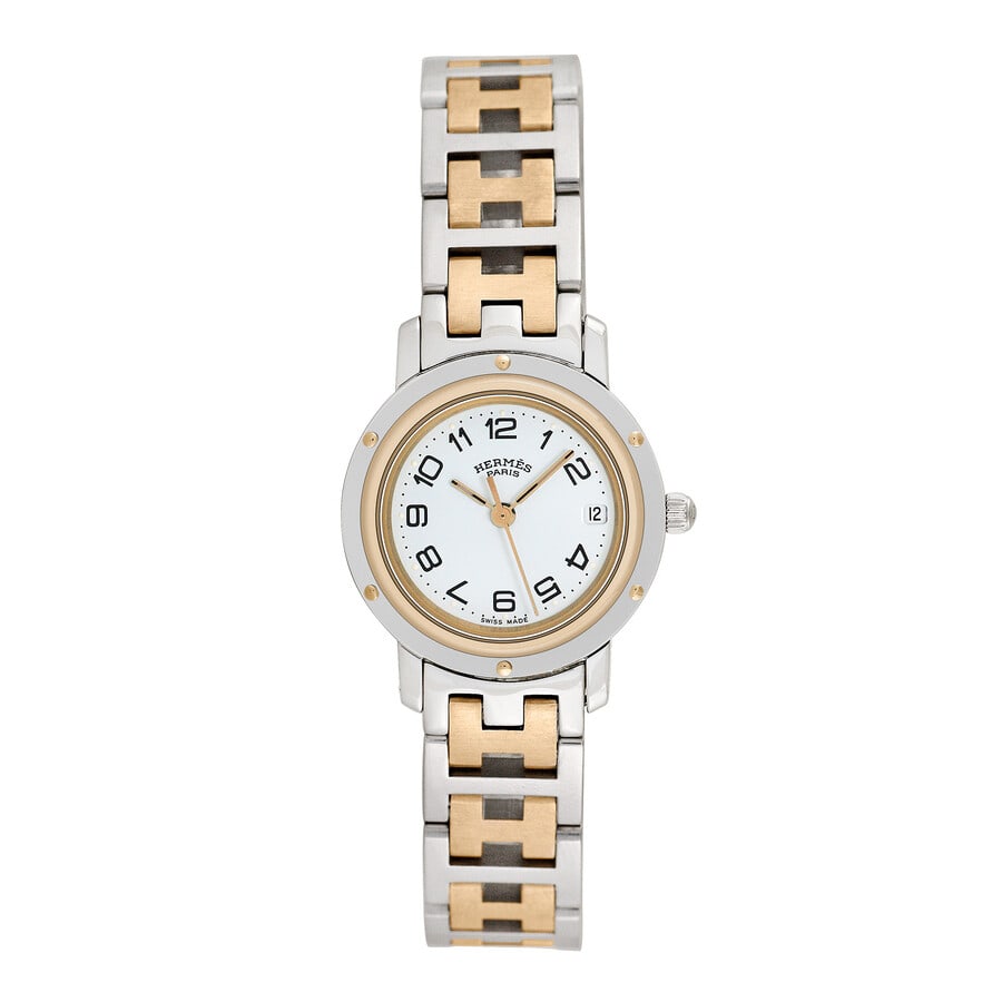 Hermes Clipper Ladies Watch White Arabic Dial 2 Tone Bracelet CL4.220: Hermes Clipper Ladies Watch White Arabic Dial 2 Tone Bracelet CL4.220 Hermes Clipper ladies watch, reference CL4.220, featuring a white Arabic dial and a smooth bezel. It is fitted with a 2-tone brace