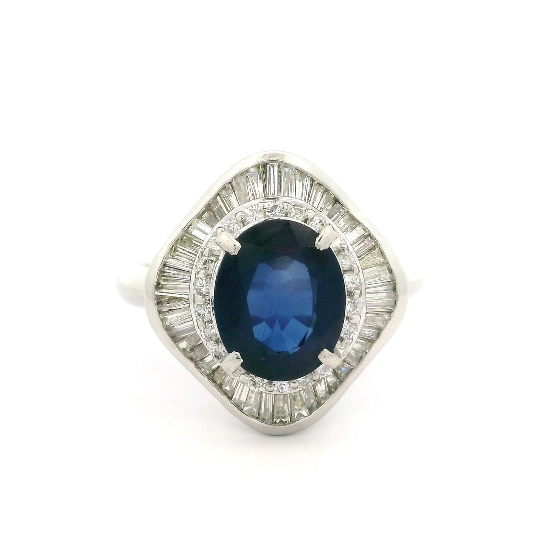 GIA Certified 4.19ct Sapphire Diamond Platinum Ballerina Ring: GIA Certified 4.19ct Sapphire Diamond Platinum Ballerina Ring This exquisite vintage ballerina cocktail ring is crafted in solid platinum and features a stunning combination of natural gemstones. At i