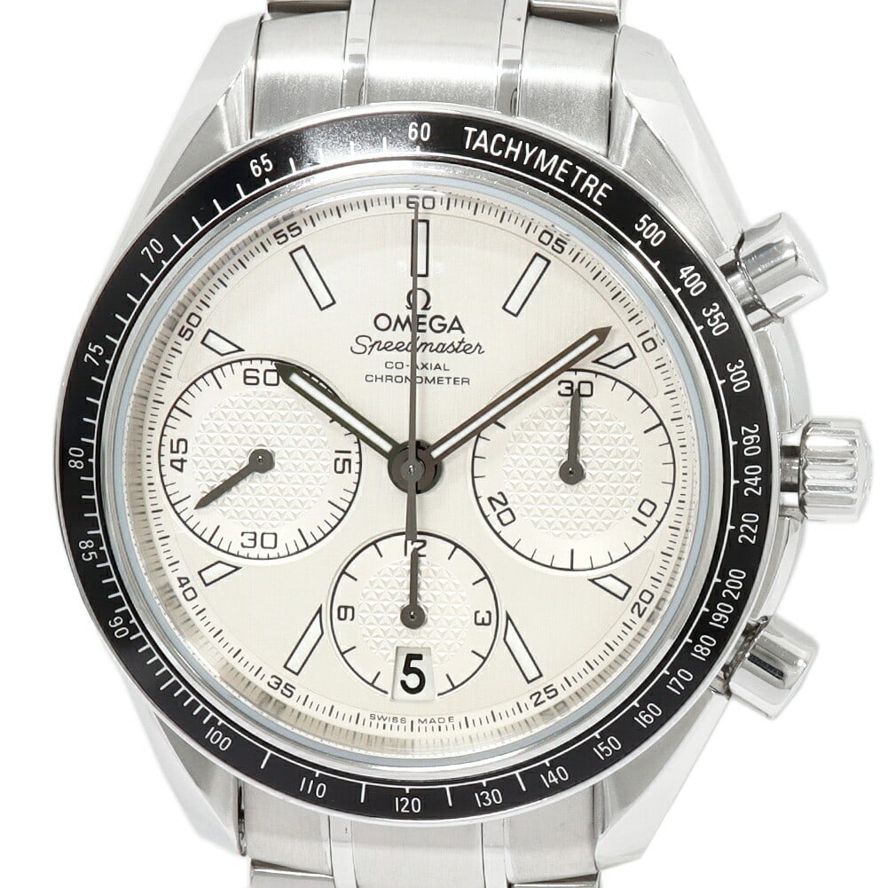 OMEGA Speedmaster silver dial automatic stainless steel wristwatch: OMEGA Speedmaster silver dial automatic stainless steel wristwatch This OMEGA Speedmaster Racing men's wristwatch features a stainless steel case and band, complemented by a silver dial. The watch is 