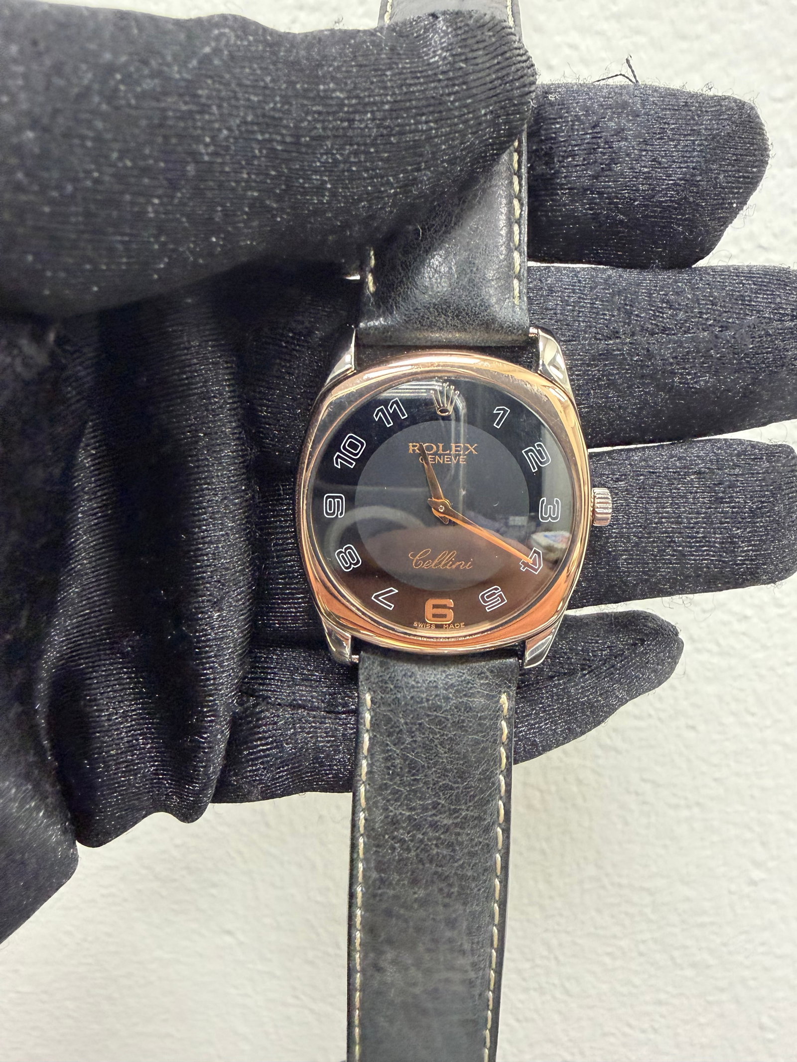Rolex Unisex Cellini Model 4233/9 Black Dial Watch with Papers on Leather: Rolex Unisex Cellini Model 4233/9 Black Dial Watch with Papers on Leather This Rolex Cellini watch features a black dial and a smooth bezel, paired with an aftermarket leather bracelet. The watch is r