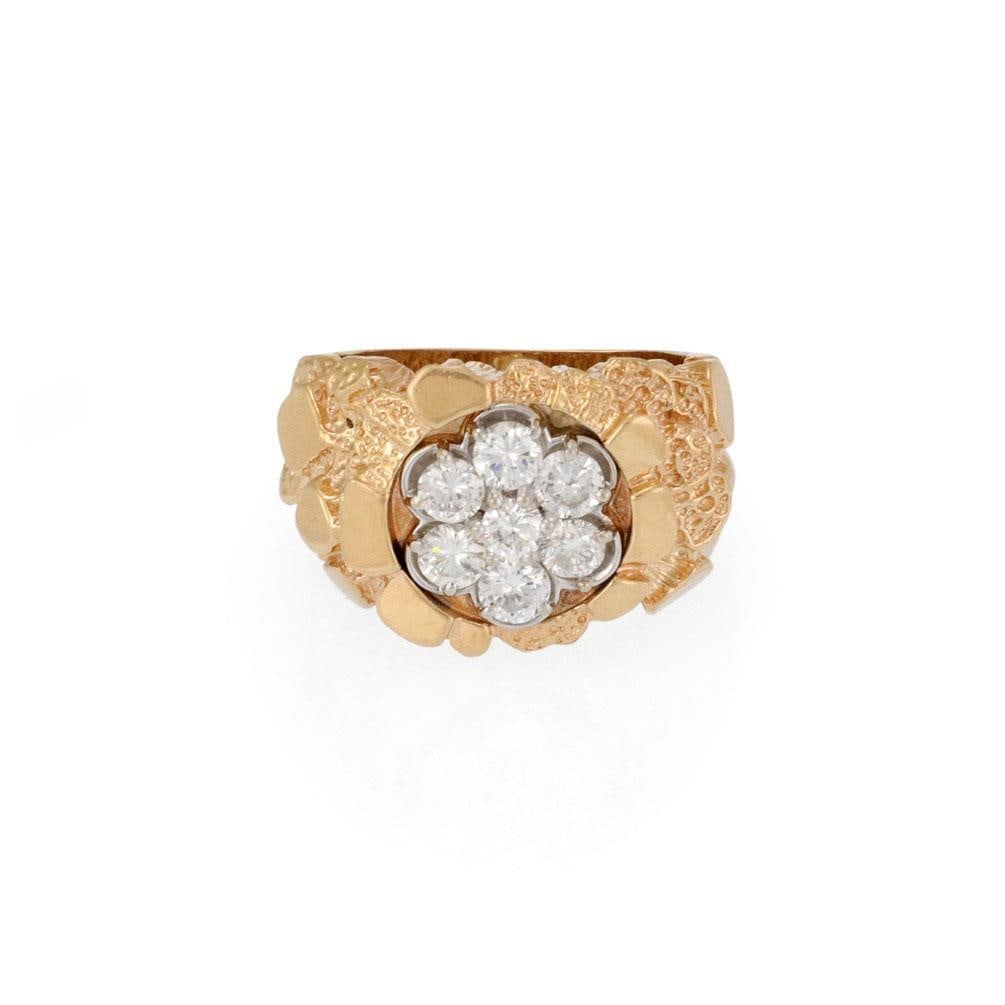 14k Yellow Gold Nugget Mens Ring 1.05ct Diamonds Size 12: 14k Yellow Gold Nugget Mens Ring 1.05ct Diamonds Size 12 This men's ring features a bold nugget style crafted from 14k yellow gold with a white gold accent. The front of the ring measures 18mm wide an