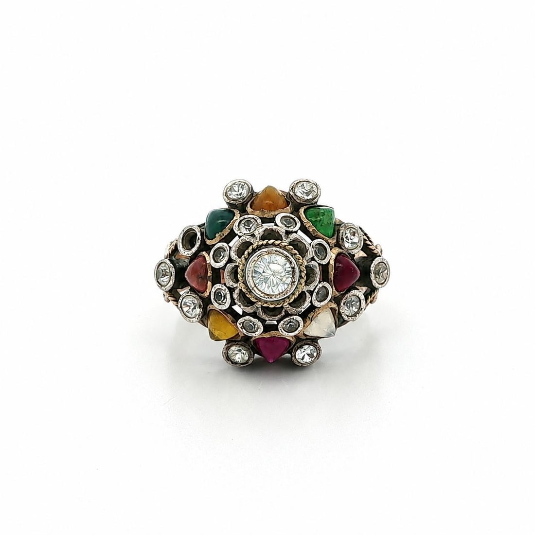 Unbranded Princess Ring 8k Gold Silver Cocktail Cluster with Multicolor Gemstones: Unbranded Princess Ring 8k Gold Silver Cocktail Cluster with Multicolor Gemstones Antique cocktail ring in a pyramid cluster design, crafted in solid 8k yellow gold with silver. It features numerous n