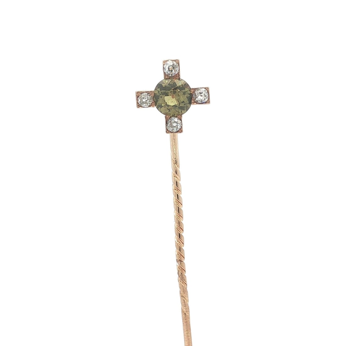 Victorian Era 14k Yellow Gold Stick Pin with Green Chrysoberyl and Old Cut Diamonds: Victorian Era 14k Yellow Gold Stick Pin with Green Chrysoberyl and Old Cut Diamonds This antique Victorian stick pin features a rich, slightly yellow-green natural chrysoberyl center stone, measuring 