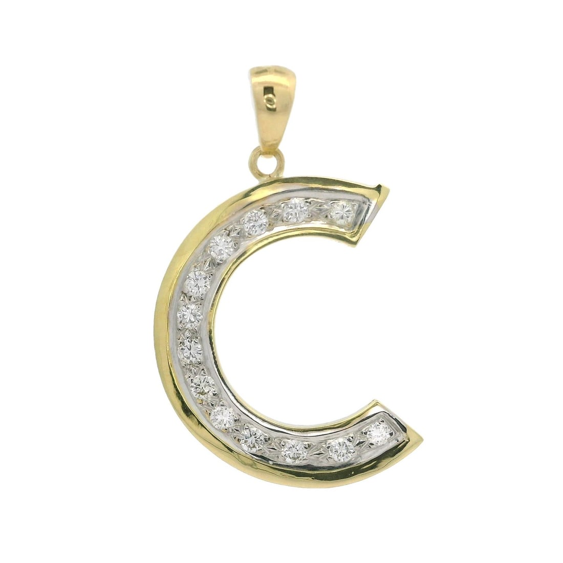 18k Yellow White Gold Diamond Initial C Charm Pendant 0.25ctw: 18k Yellow White Gold Diamond Initial C Charm Pendant 0.25ctw This exquisite charm pendant features an initial "C" design crafted from solid 18k yellow gold with white gold accents. Adorned with 13 na