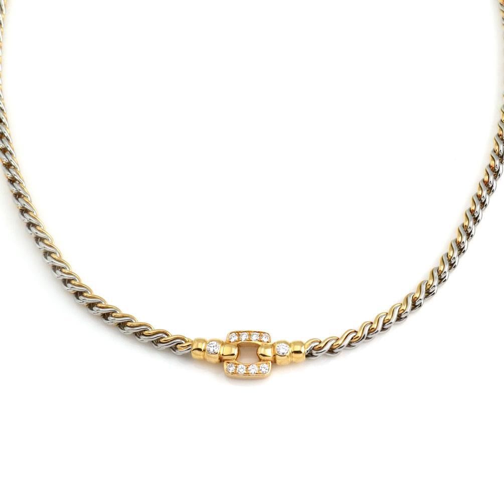 18k Yellow Gold Diamond Square Pendant Necklace with Steel Links: 18k Yellow Gold Diamond Square Pendant Necklace with Steel Links This exquisite necklace features a unique blend of 18k yellow gold and stainless steel, showcasing a striking open square pendant adorn