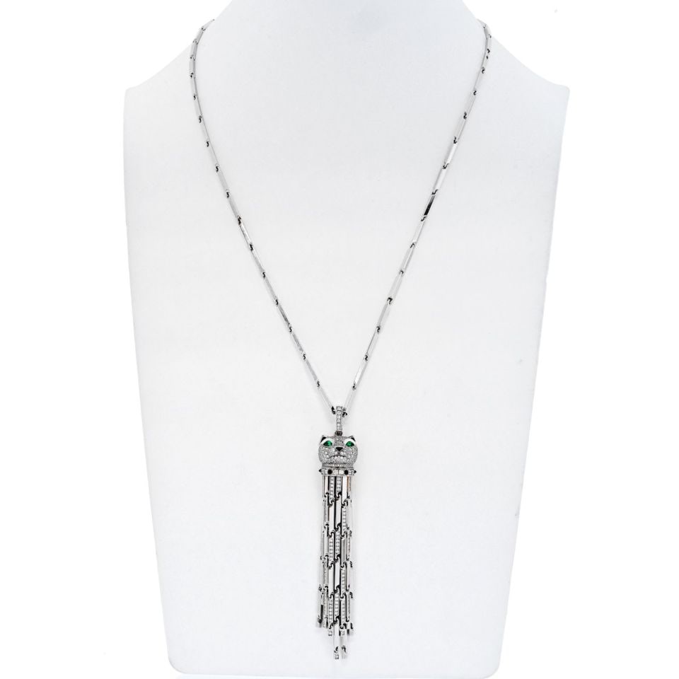 Cartier 18K White Gold Panthere Necklace with Diamond Tassels: Cartier 18K White Gold Panthere Necklace with Diamond Tassels This exquisite Cartier necklace features an elegant design crafted from 18K white gold, weighing 92 grams. The necklace boasts a stunning 