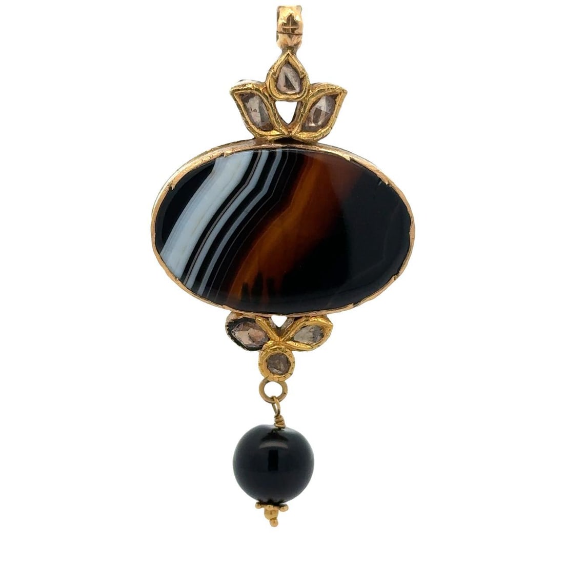Vintage 22k Yellow Gold Pendant with Banded Agate and Diamonds: Vintage 22k Yellow Gold Pendant with Banded Agate and Diamonds This exquisite vintage pendant showcases the artistry of handmade craftsmanship, featuring a stunning 22k yellow gold design. The centerp