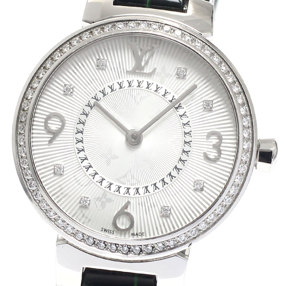 Louis Vuitton Tambour Monogram quartz diamond bezel ladies watch Q12MF: Louis Vuitton Tambour Monogram quartz diamond bezel ladies watch Q12MF This Louis Vuitton Tambour Monogram wristwatch features a stainless steel case with a diamond bezel and 8 diamond indices on the 